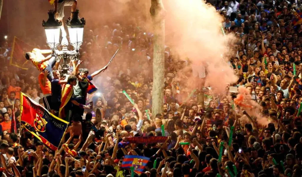 barca celebrando su titulo en las ramblas