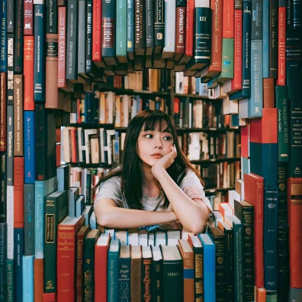 turista coreana posando en la estructura circular de libros de last bookstore