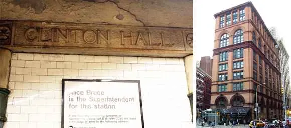 Izquierda: el dintel de Clinton Hall; Derecha: 13 Astor Place, frente al cual se encuentra la entrada a la plataforma del Downtown
