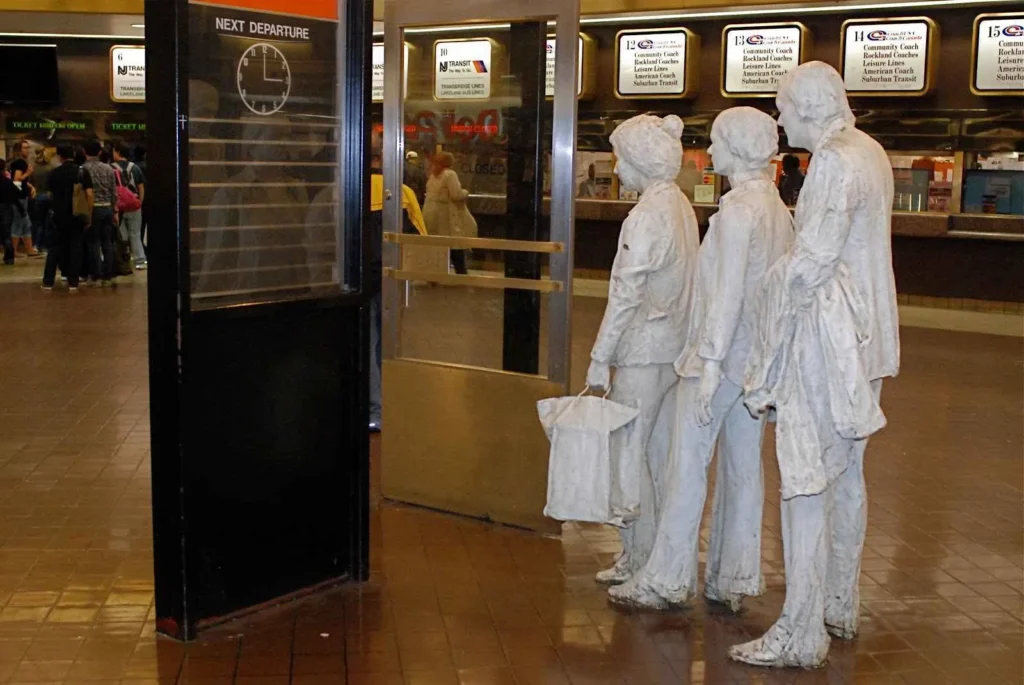 Obra The Commuters de George Segal (1980), una escultura de figuras humanas en Port Authority Bus Terminal.