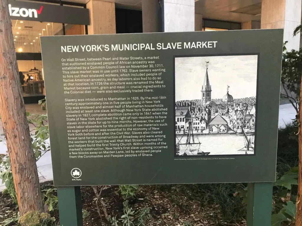 Letrero informativo en el sitio del primer mercado de esclavos de Nueva York, activo de 1711 a 1762.