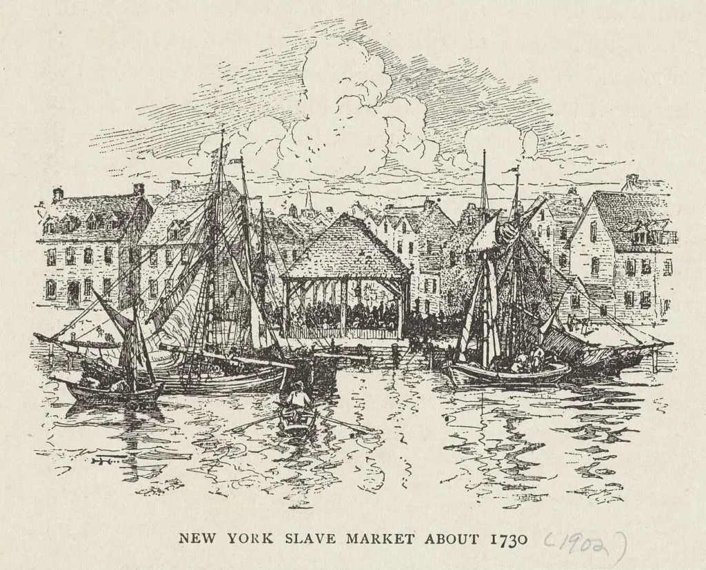 ilustracion del antiguo mercado de esclavo en nueva york