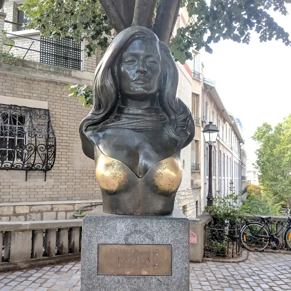 Busto homenaje a Dalida en Montmartre, con marcas del paso del tiempo y del tacto supersticioso de los turistas.