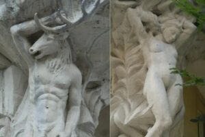 Cariátides de Acteón, el ciervo, y Diana, la cazadora en paris francia