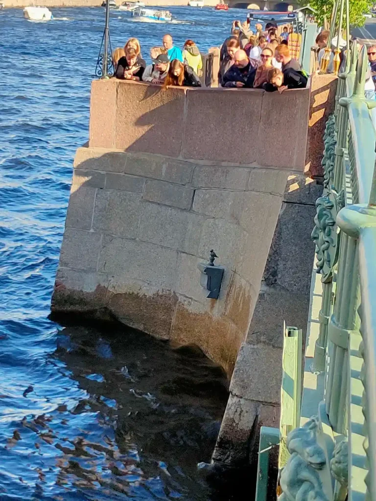 turistas tratando de aroojar monedas al chizhik-pyzhik para que le cumpla sus deseos