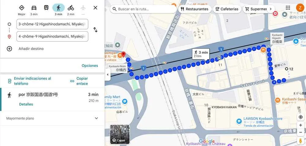 distancia entre las dos estatuas de kyobashi