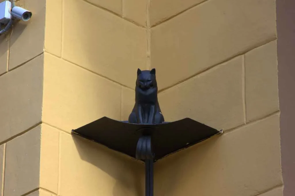 estatua de un gato negro llamado eliseo en san petersburgo