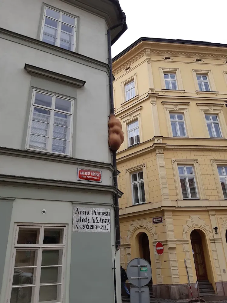 Una escultura marrón con forma de embrión humano está adherida a una bajante en la esquina de un edificio clásico en Praga.